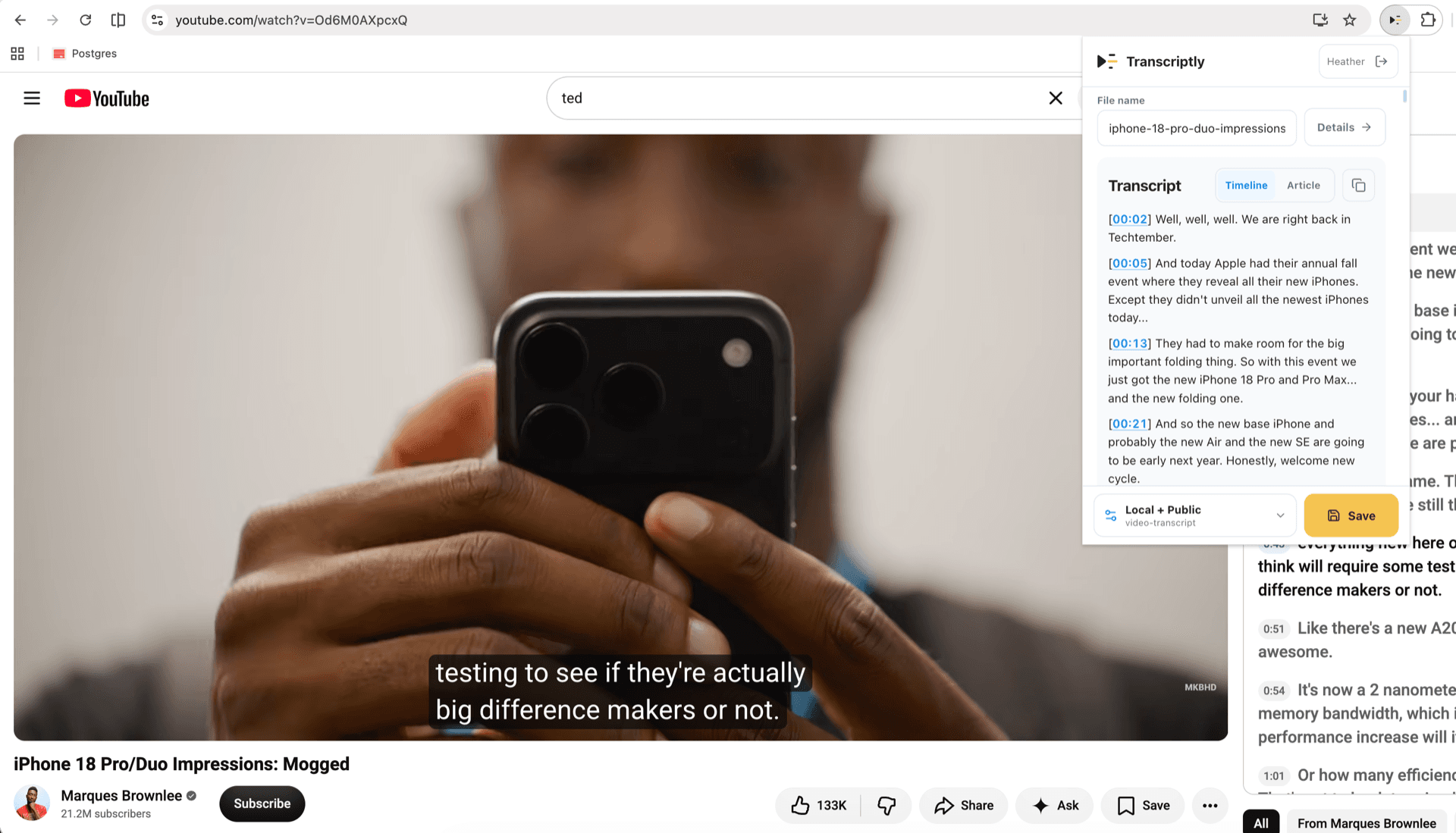 Transcriptly popup previewing a YouTube transcript with timestamps and a Save button