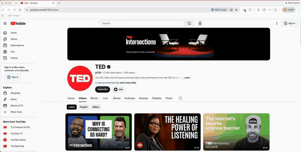 Transcriptly selection controls on a YouTube channel Videos page